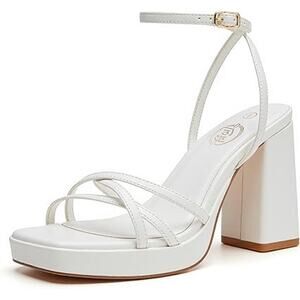 Trary Womens Size 9.5 White Open Toe 4.25" Block Heel Ankle Strap Sandal Shoes